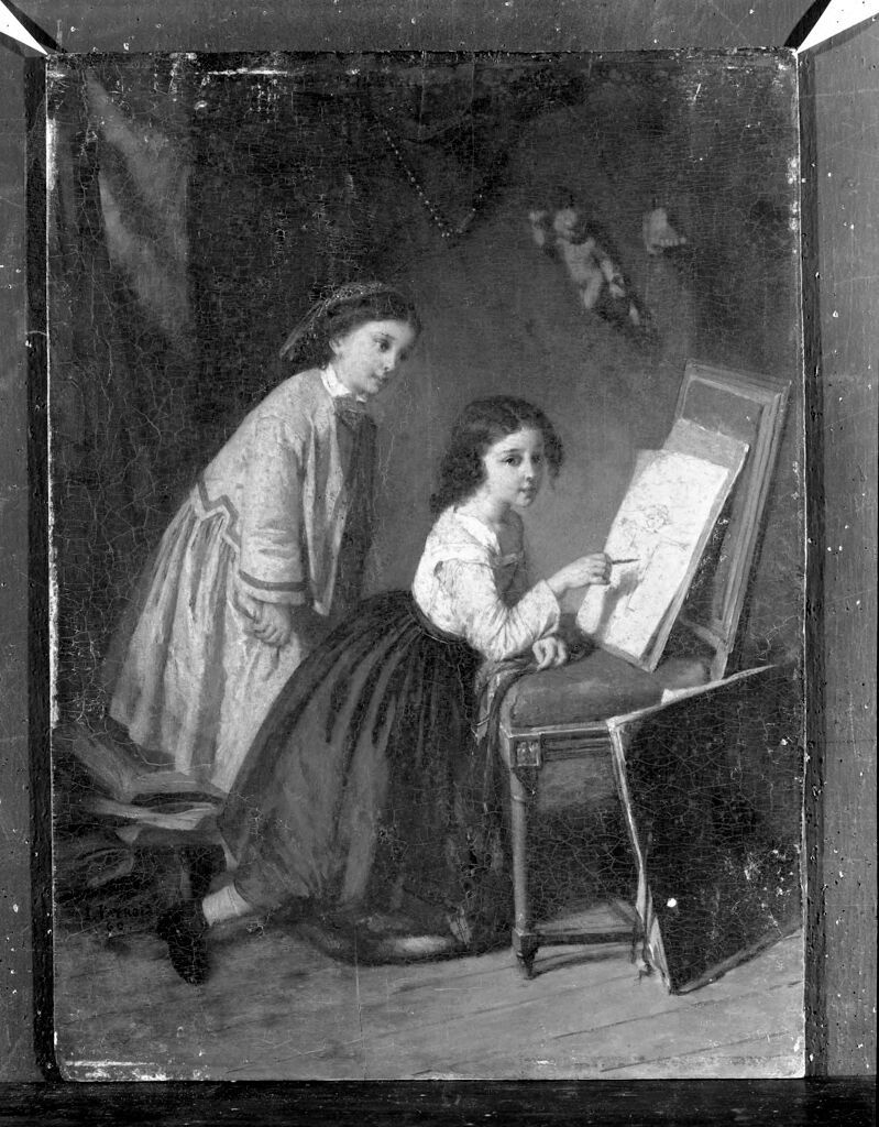 Dos niñas dibujando en luz dorada, óleo sobre panel de Isidore Patrois