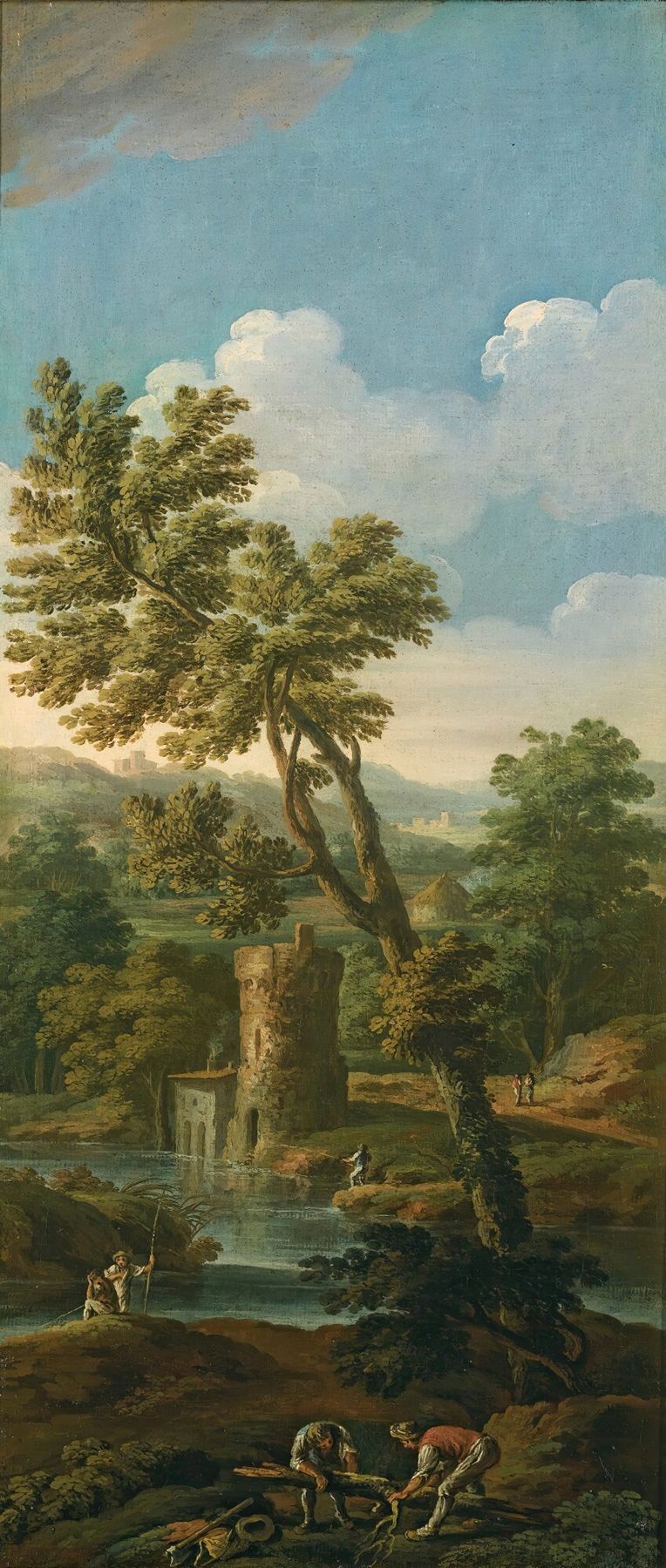 Rococo landscape with figures, fishermen, and mountains by Paolo Anesi