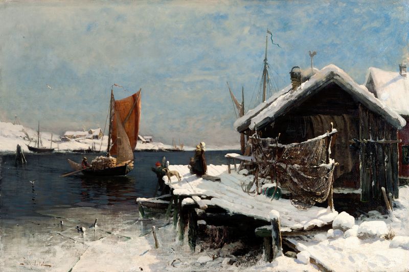 Winter Scene by Frithjof Smith-Hald, oil painting of a snow-covered landscape.