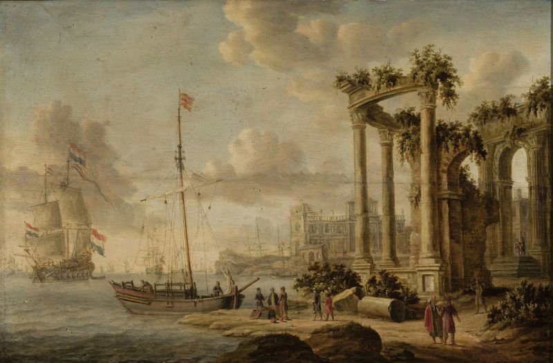 Seaside landscape with ancient ruins on the coast by Jacobus Storck, oil painting