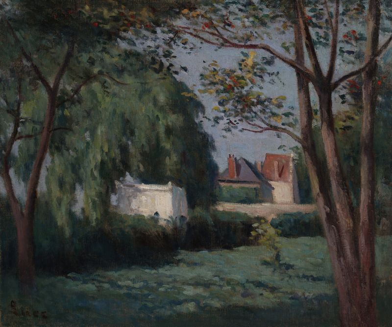 Cena rural com três casas e árvores, óleo sobre tela de Maximilien Luce