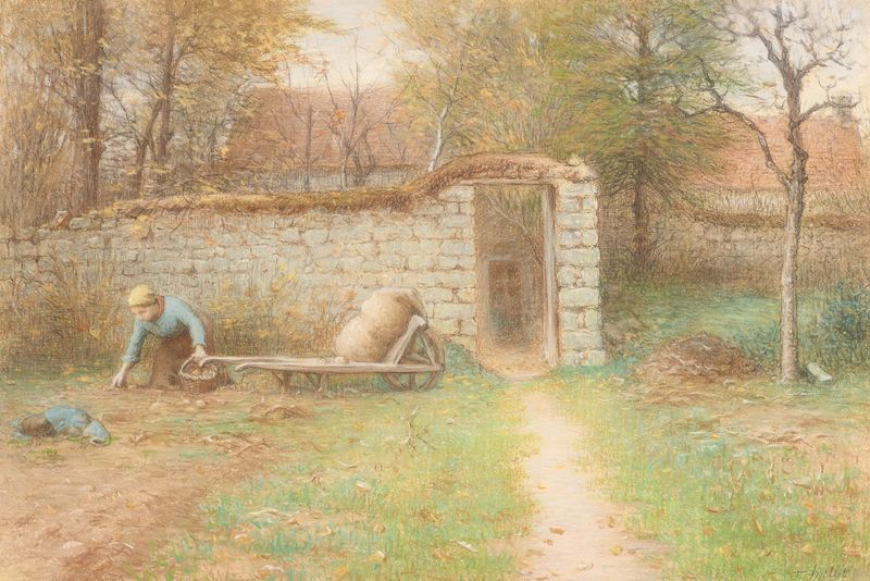 Landscape with a farmhouse in earthy tones by Jean-François Millet, oil painting