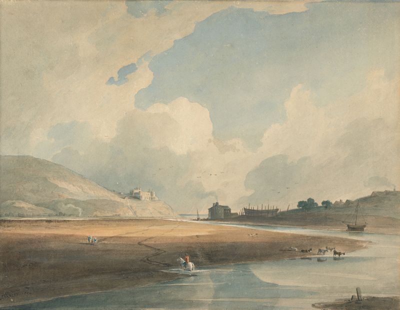 Harlech Castle and Twgwyn Ferry, acuarela sobre papel de John Varley, con un ferry en aguas tranquilas.