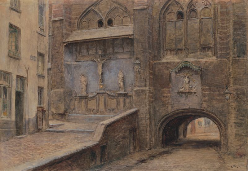 Paisaje óleo de Léon-Eugène-Auguste Abry que muestra rojos profundos y marrones sombríos.