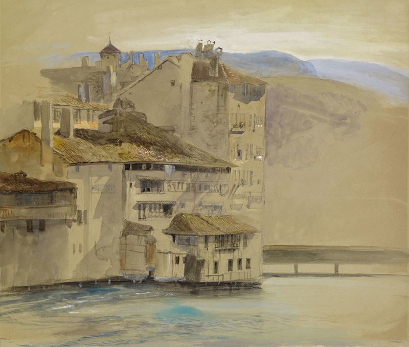 Old Houses on the Rhône Island, Geneva by John Ruskin, oil painting depicting houses by a river