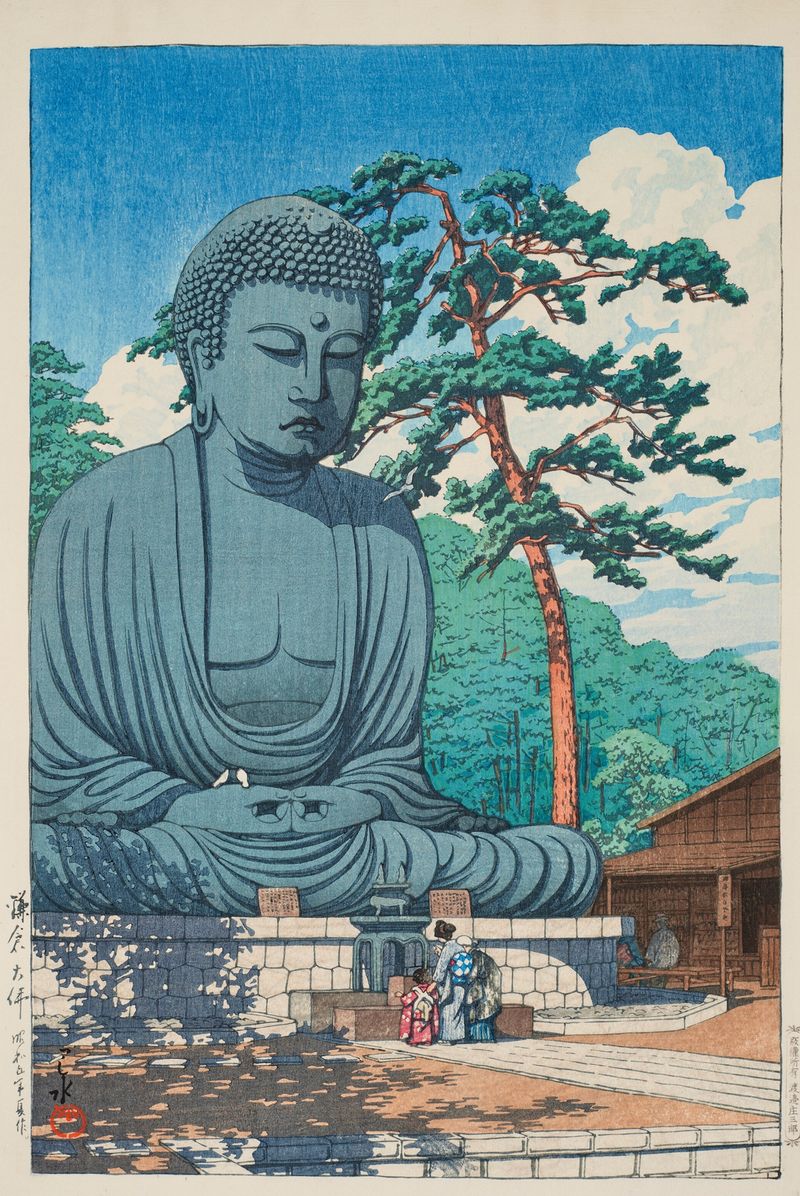 Kamakura daibutsu de Kawase Hasui, Ukiyo-e que representa un sereno Buda de piedra
