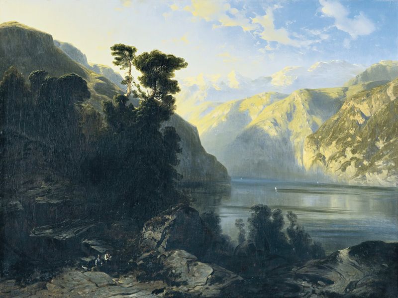 Lake Uri With Urirotstock de Alexandre Calame, óleo de un lago tranquilo y montañas bajo luz dorada.
