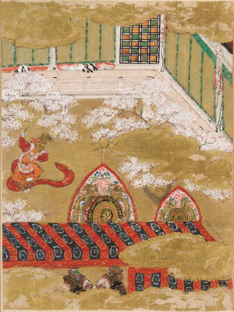 Ilustração dourada de Tosa Mitsunobu com figuras em kimono.
