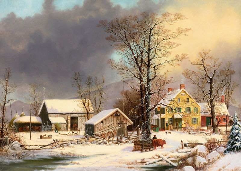 Winter landscape with a cabin and snow, by George Henry Durrie, oil painting