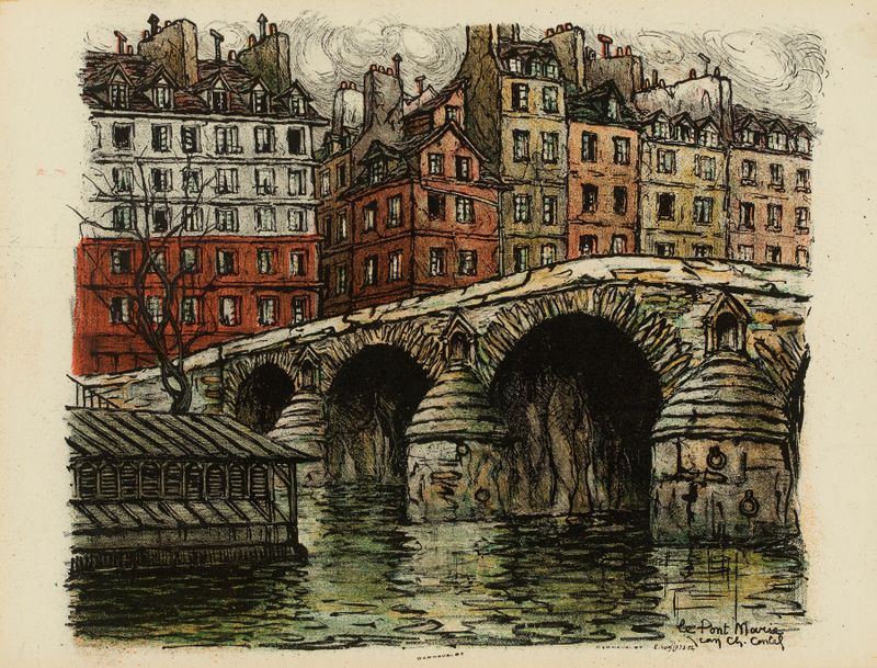 Le pont-Marie de Jean-Charles Contel, óleo sobre tela retratando uma ponte ao crepúsculo