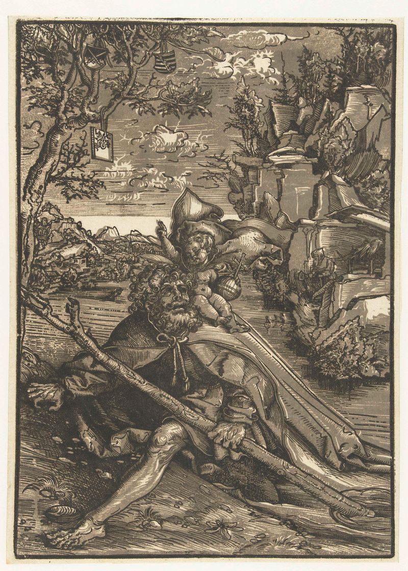 Heilige Christoffel met Christuskind, madera de Lucas Cranach, muestra a San Cristóbal con el Niño Cristo en luz dorada.