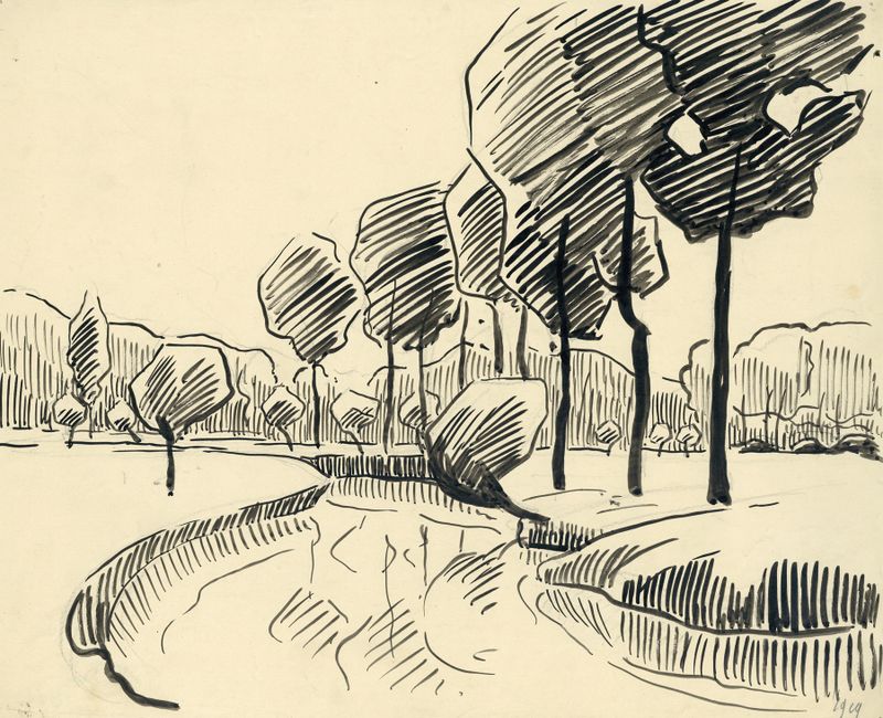 Landschap in inkt by Albert Daenens, ink on paper depicting a dark landscape