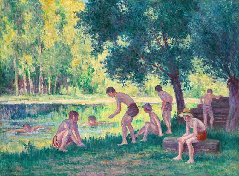 Baignade dans la cure, óleo de Maximilien Luce que muestra bañistas bajo la luz del sol.