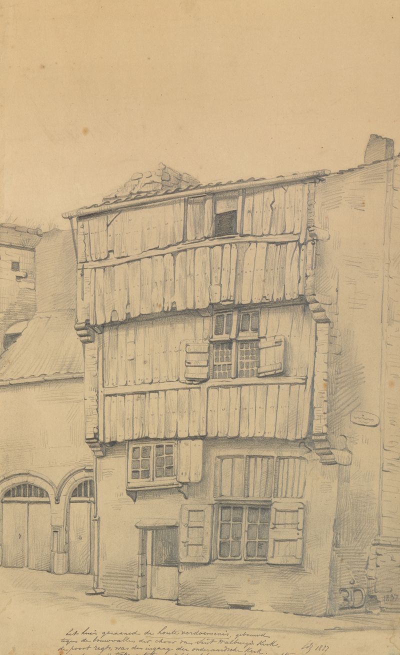 Het huis ‘De Houte Verdoemenis’ by Edward Dujardin, depicting a house beside a church, oil painting.