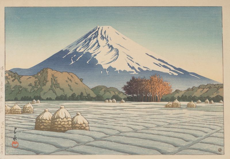 Gravura em madeira de Kawase Hasui representando uma paisagem matinal com geada