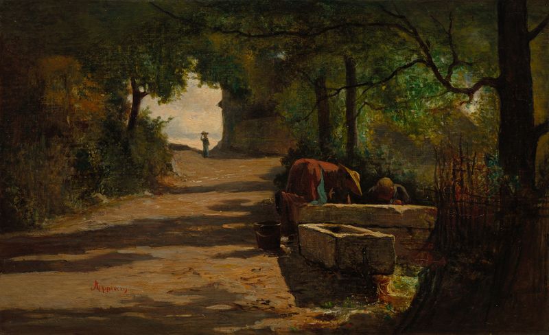 Well at the Side of a Road, oil painting by Adolphe Appian depicting a solitary well in a muted landscape.