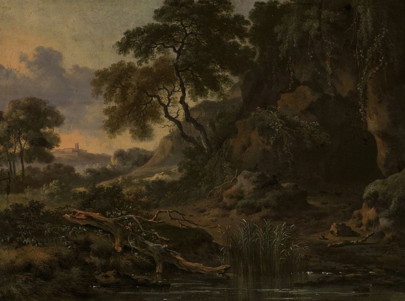 Landscape by Jan Wijnants, oil on canvas, featuring lush greenery and a tranquil sky.