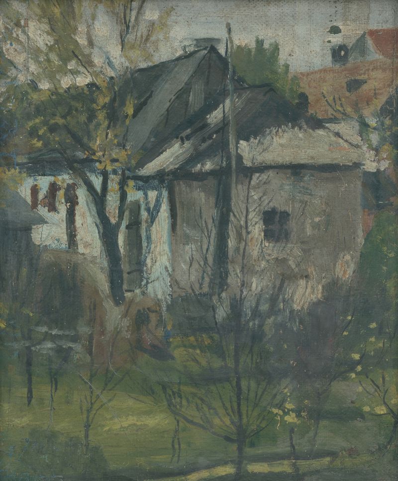 Domček by Ján Thain, oil on canvas depicting a cottage in warm light