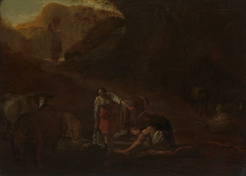 A shepherd and washerwomen at a spring, oil on copper by Pieter Bodding van Laer