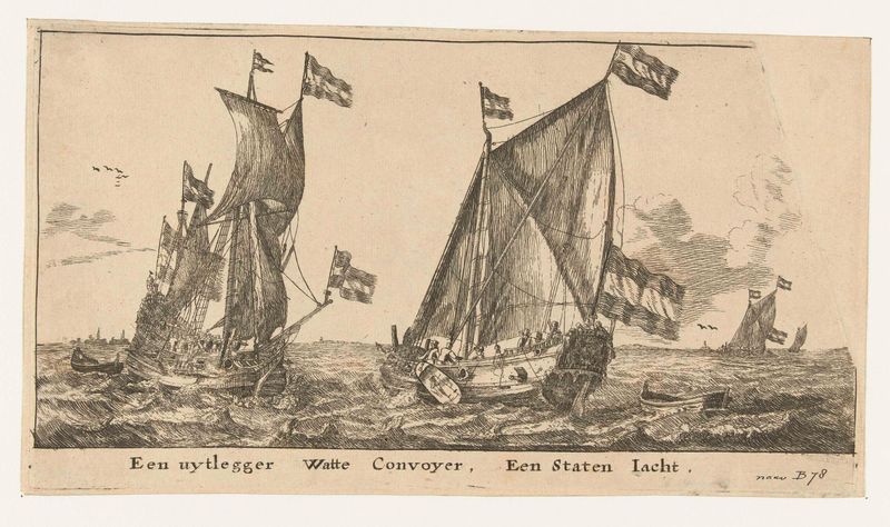 Grabado de Unknown Artist que muestra un yate y un barco navegando en el agua