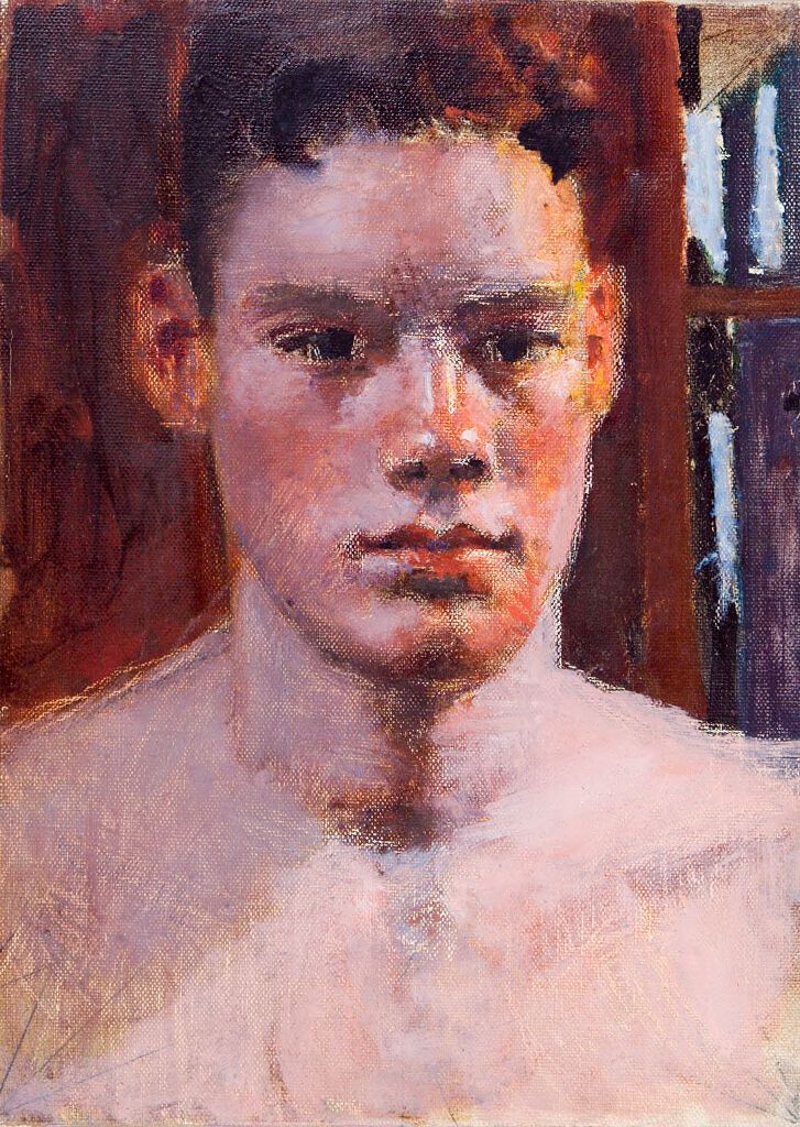 Retrato de um jovem por Denman Waldo Ross, óleo sobre tela, com um olhar profundo e luz suave.