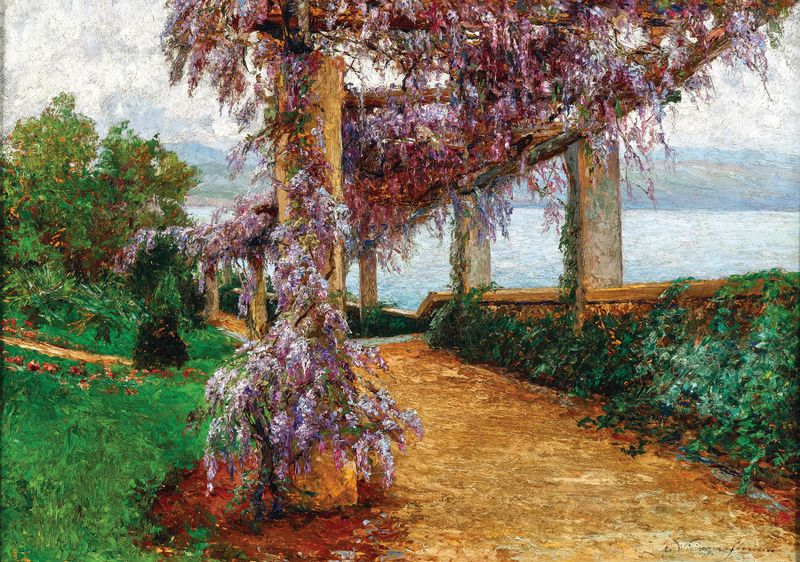 Uma pérgola coberta de glicínias em um jardim de Olga Wisinger-Florian, pintura a óleo