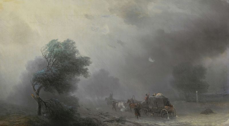 Carriage in a Storm de Ivan Aivazovsky, pintura a óleo que retrata uma carruagem em uma paisagem tempestuosa.