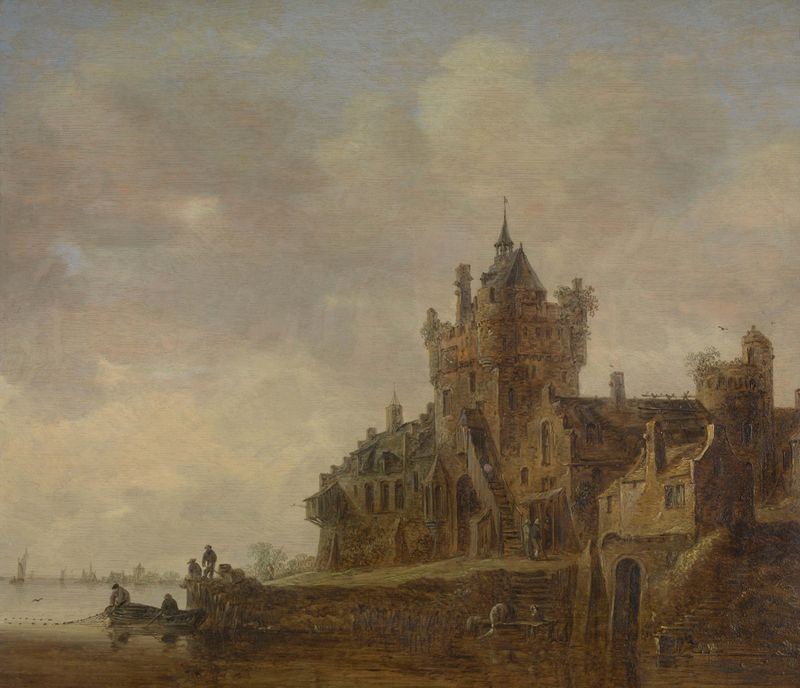 Old Castle Gate in Nijmegen de Jan van Goyen, pintura a óleo que retrata um portão de pedra e um caminho de paralelepípedos.