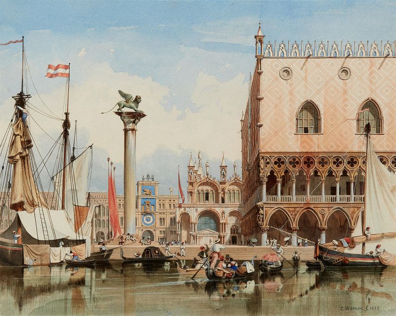 Pintura a óleo de Carl Friedrich Heinrich Werner representando Veneza com o Palácio Ducal e a Basílica de São Marcos.