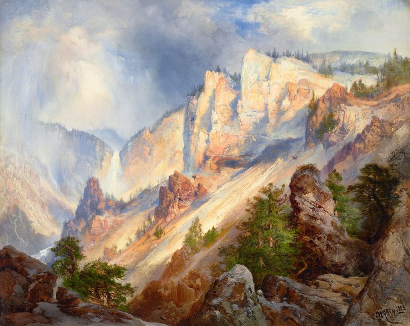 A Passing Shower in the Yellowstone Cañon de Thomas Moran, pintura a óleo que retrata uma paisagem tempestuosa