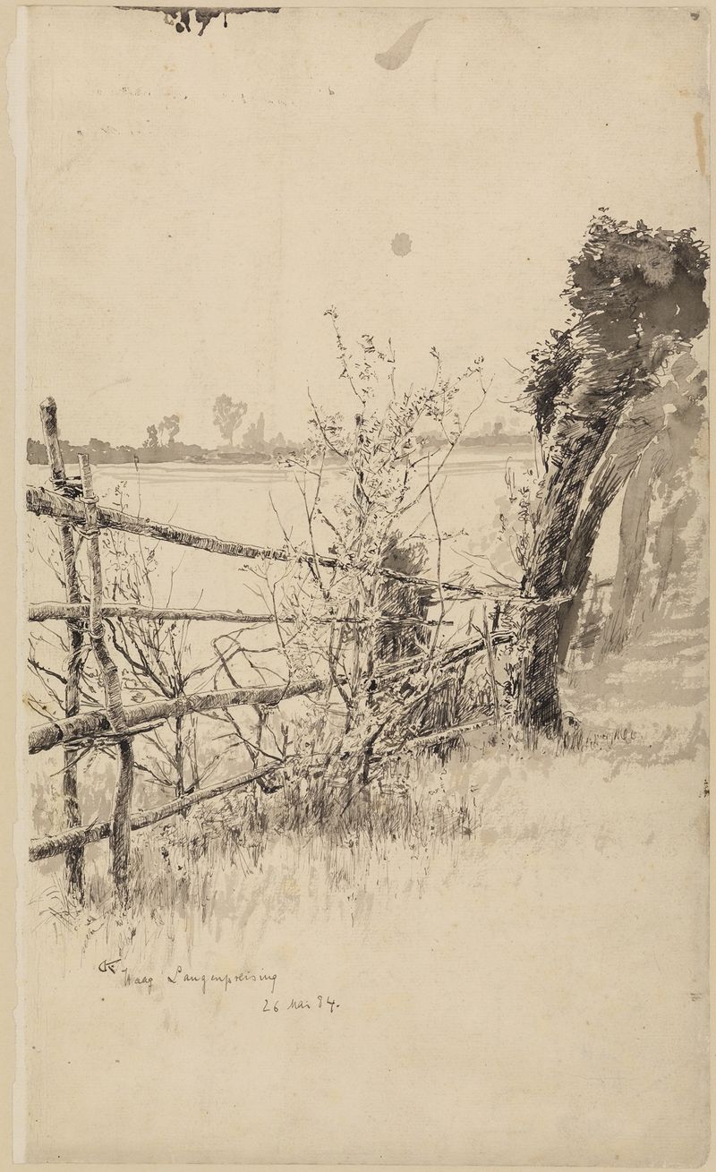 Paisagem de uma margem de rio com um caminho sinuoso, óleo sobre tela de Gustav Kampmann