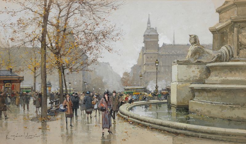 Fountain in La fontaine du Palmier by Eugène Galien-Laloue, Impressionism