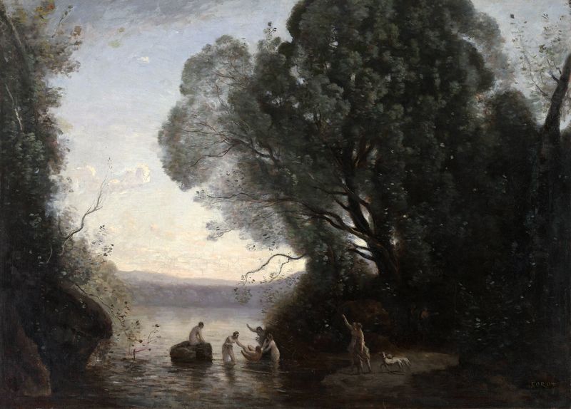 O Banho de Diana, óleo sobre tela de Jean-Baptiste-Camille Corot, com ninfas e uma deusa em uma floresta.