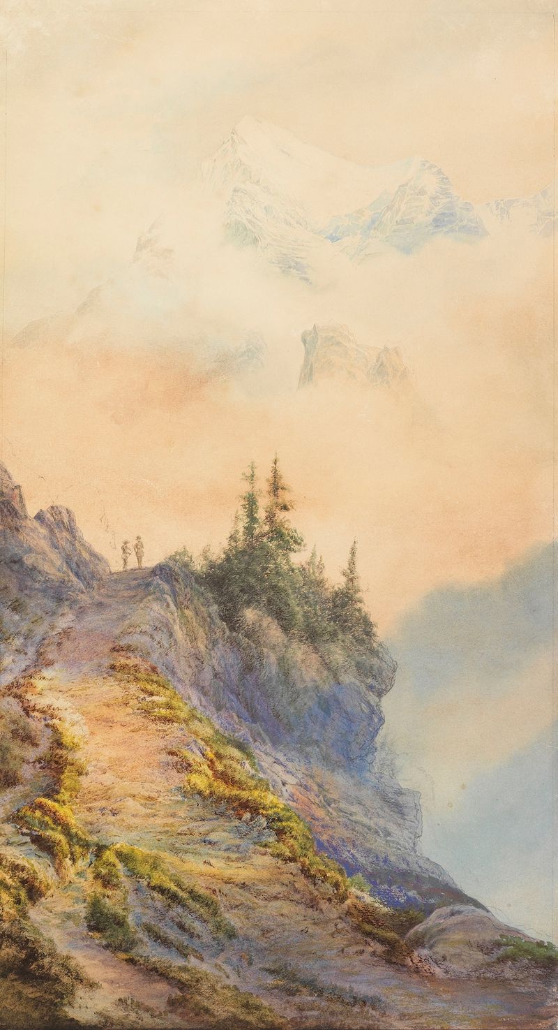 Landscape oil painting by Edward Theodore Compton featuring mountains and nature