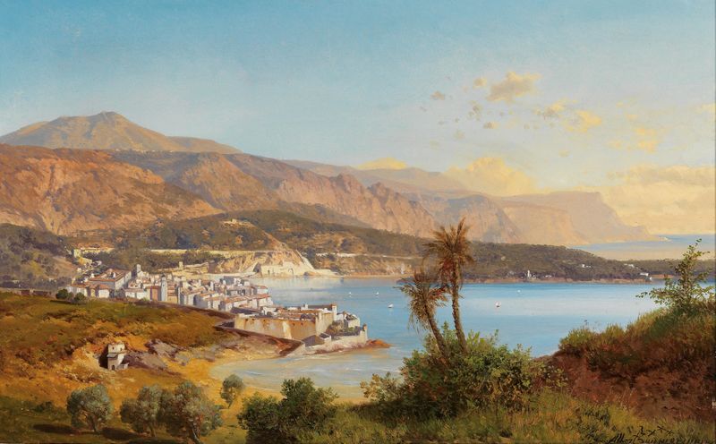 Paisagem de Villefranche-Sur-Mer, óleo sobre tela de Albert Zimmermann