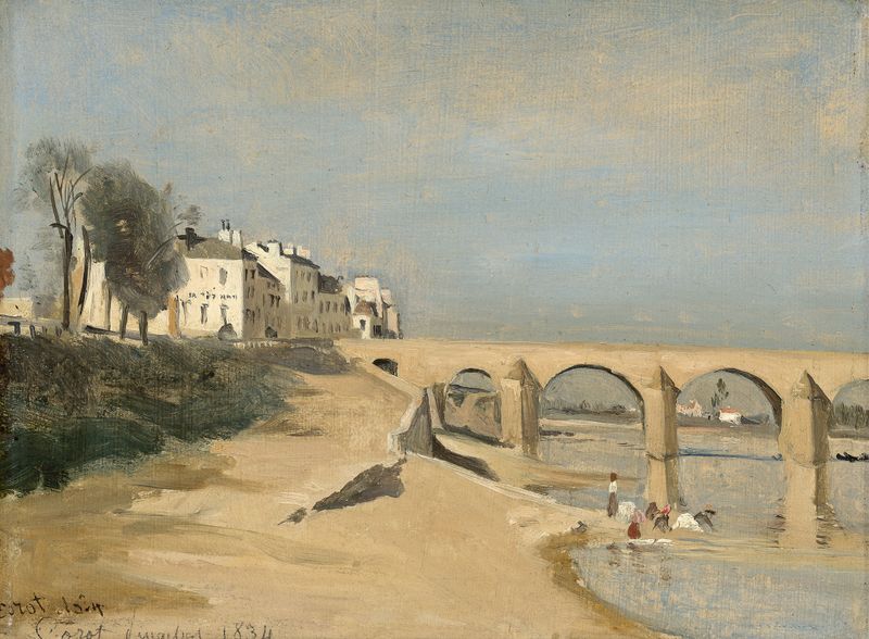 Puente sobre el río Saône en Mâcon de Jean-Baptiste-Camille Corot, óleo de un paisaje de río tranquilo.