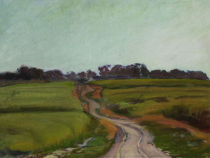 Camino entre campos de Władysław Ślewiński, pintura al óleo que representa un paisaje tranquilo.