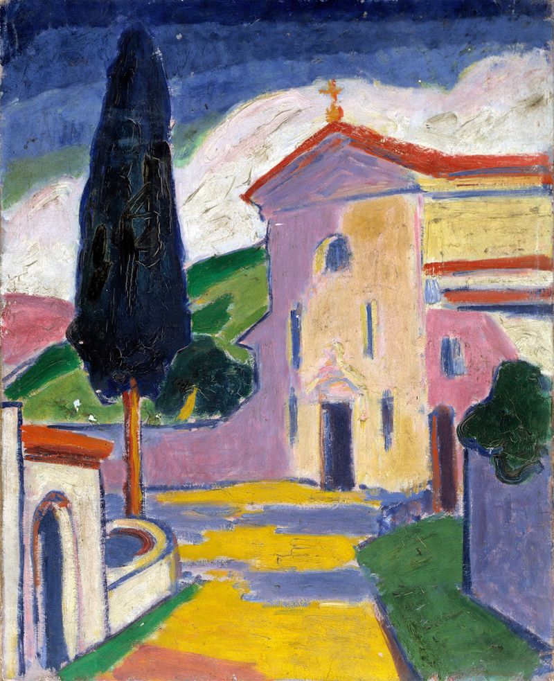 Paisaje con una iglesia y un árbol de cedro de Carl Newman, pintura al óleo