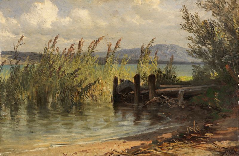 Footbridge over water surrounded by reeds, oil on canvas by Friedrich Voltz