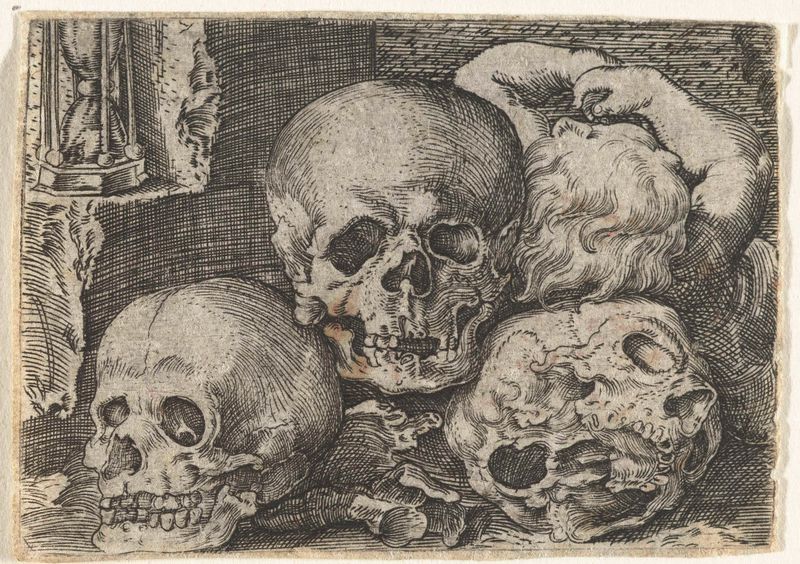 Grabado de Unknown Artist que muestra a un niño con tres calaveras.