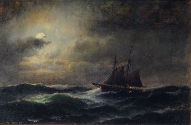 Cutter Offshore by Eduardo de Martino, oil painting of a cutter sailing on the sea.