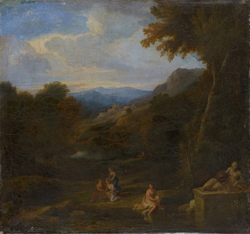 Landscape with River God and Women, Romanticism, unknown artist, oil painting