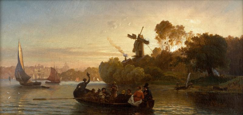 Marine scene with sailboats at twilight, oil painting by Ludwig Meixner