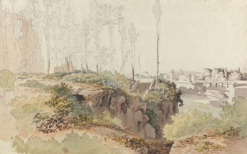 Engraving of The Baths of Caracalla by Carlo Labruzzi, featuring ancient ruins and columns.