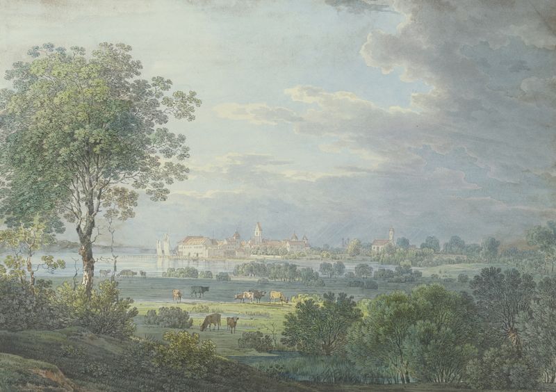 Oil painting by Max Joseph Wagenbauer depicting a landscape with trees and golden light.