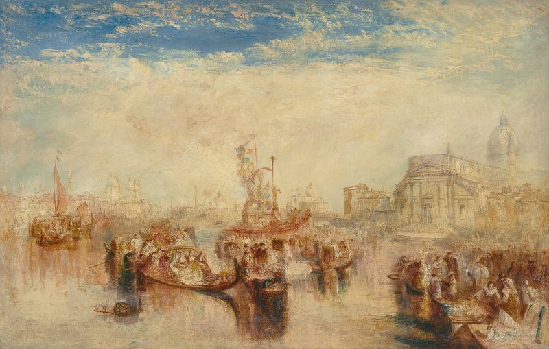 Cena histórica com celebrantes e luz dourada, óleo sobre tela de Joseph Mallord William Turner