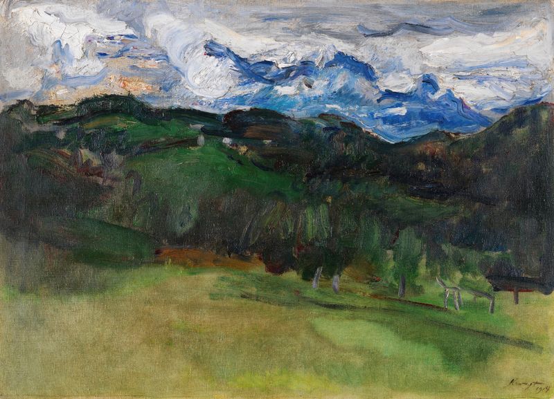 Paisaje impresionista de Max Slevogt con un cielo tormentoso y rosas vibrantes.
