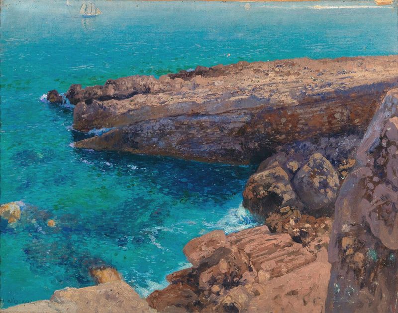 A rocky coast with cliffs and a sailing boat, oil painting by Hans Wilt