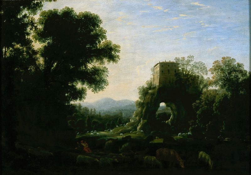 Pastoral Landscape de Claude Lorrain, óleo sobre lienzo que representa colinas serenas y luz dorada.