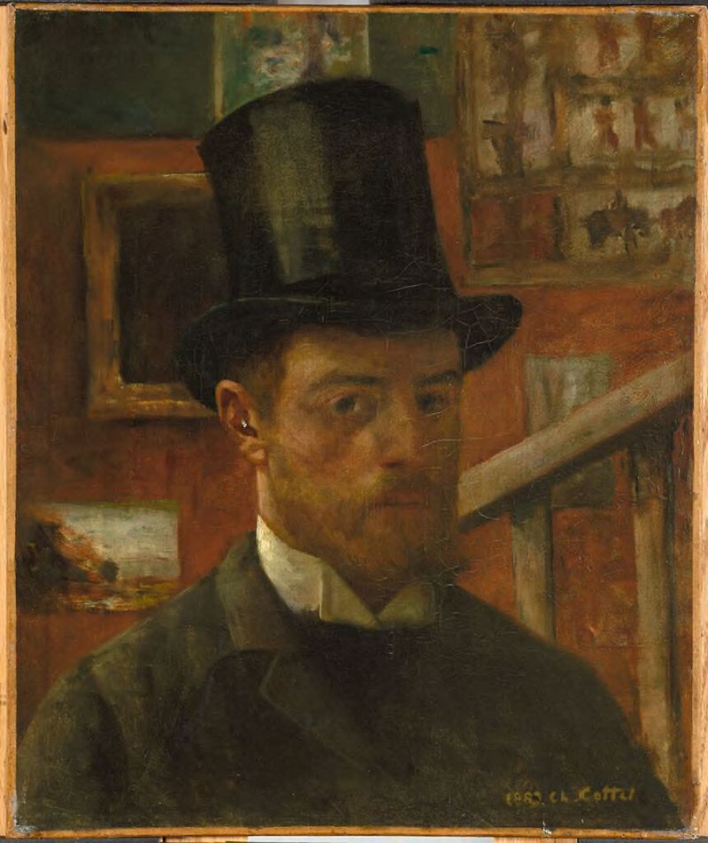 Autorretrato de Charles L. Cottet, óleo sobre tela, retratando um homem contemplativo.